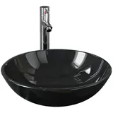 vidaXL Badezimmer Waschbecken mit Wasserhahn Ablaufgarnitur Schwarz gehärtetes Glas