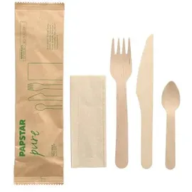 Papstar Bestecksets Holz "pure" : Messer, Gabel, Kaffeelöffel, Serviette in Papierbeutel
