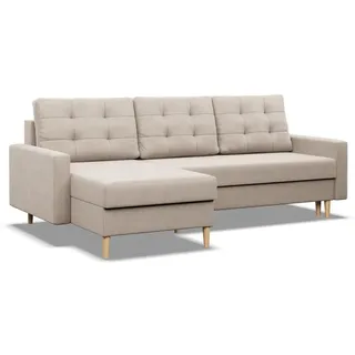 mebligo Ecksofa mit Schlaffunktion, Sofa BLANK mit Bettkasten, Wendekissen, Beige, Links, Schlaffläche 140x200cm & Beige