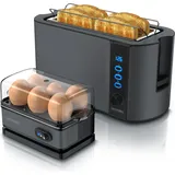 Arendo 2-teiliges Frühstücksset - 4-Scheiben Langschlitz Toaster, 6er Eierkocher, Grau