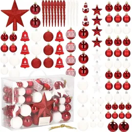 SPRINGOS Weihnachtskugeln Christbaumkugeln Weihnachtsbaum Kugeln 104 Stück Dekoration - Rot / Weiß - Weiß