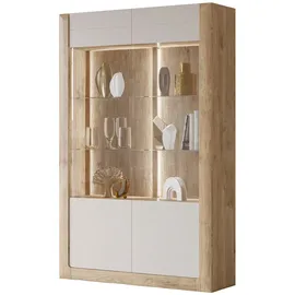 LEONIQUE Vitrine "Kasai", beige (eiche harbor gold, kashmir), B:128,5cm H:200cm T:41cm, FSC-zertifizierter Holzwerkstoff, Glas, MDF, Melamin, Schränke, Vitrine
