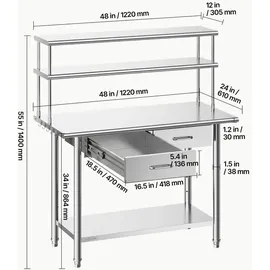 Vevor Gastronomie Arbeitstisch 1220 x 610 x 1400 mm, Edelstahltisch mit Grundboden & 2 Schubladen & Doppelaufsatzbord, Gewerblicher Vorbereitungstisch Werkbank für Restaurant Garage Küchentisch