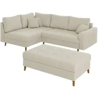 s-style möbel Ecksofa mit Schlaffunktion und Hocker mit Braun Holzfüßen im skandinavischen Stil aus Beige Cord-Stoff, Ottomane links - Beige