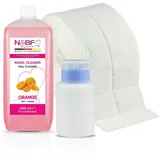 N&BF Nagel Cleaner Set mit Duft 500ml + Dispenser Pumpflasche Blau 150ml + 1000 Zelletten Cellulose Pads (2 Rollen à 500 Stück) - 70% Isopropanol-Alkohol – für Gelnägel – Nagelreiniger (Orange)