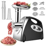 Elektrischer Fleischwolf, 2800W 3 in 1 Fleischwolf, mit 3 Platten aus Edelstahl für 3 mm, 5 mm und 7 mm, Kubbe und Füllrohre für Wurst, 80 kg/heure, Optimal zum Zerkleinern (Schwarz)