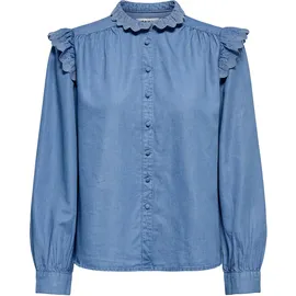 Only Jeansbluse "ONLPIPER L/S EMB FRILL DNM SHIRT QYT", Damen, Gr. S, blau (medium blau denim), Web, Obermaterial: 65% Baumwolle, 35% Lyocell, unifarben, regular fit normal, Blusen Jeansbluse, mit Rüschen