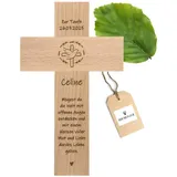 HOFMEISTER® Personalisiertes Taufkreuz für Babys & Kinder – Geschenkidee zur Taufe – Motiv Kranz mit Taube – Graviertes Holzkreuz aus Buchenholz mit Bohrung – 20 cm