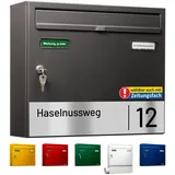 AL Briefkasten Systeme Basic-Line 1er Briefkasten personalisiert mit Namen Schild Straße und Hausnummer - Postkasten Eisenglimmer Grau modern mit Gravur wetterfest Wandbriefkasten Zaunbriefkasten