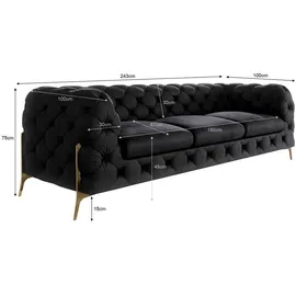 s-style möbel Chesterfield-Sofa 3-Sitzer Willow mit Metall Füßen, Schwarz Samt