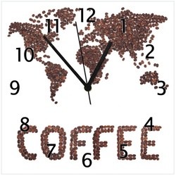 Wallario Wanduhr Weltkarte mit Schriftzug aus Kaffeebohnen (Glasuhr) weiß 30 cm x 30 cm