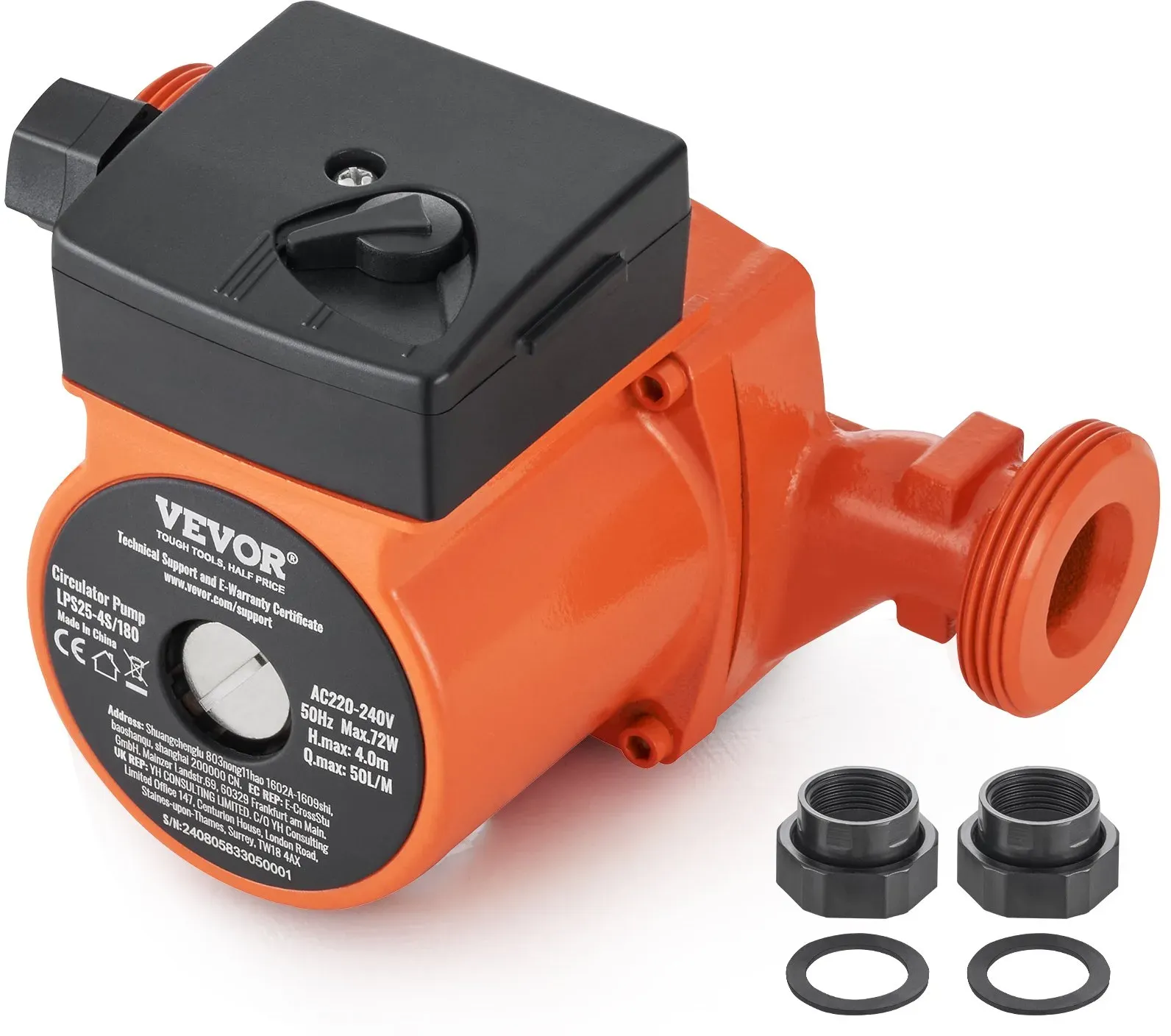 Vevor Heizungspumpe Umwälzpumpe Pumpe Gusseisen 220 V 72 W, 50l/min Max. Durchflussrate, 4m Max. Förderhöhe, 1 1/2 Zoll Gewindeanschluss, Temperaturbereich Von 2 °C Bis 110 °C, Drei Einstellbare Durchflussraten, Geräuscharm