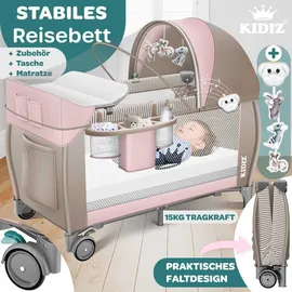 Kidiz KIDIZ® Babybett Reisebett Kinderreisebett Faltbar mit Matratze 120x60, Seiteneingang, Wickelauflage, Mosktionetz, Spielbogen & Tragetasche Baby Beistellbett Kinderbett ab Geburt bis 15 kg