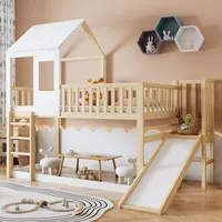 Merax Hochbett 90x200cm, Hausbett Etagenbett für Kinder mit Leiter und Rutsche, Kinderbett mit Rausfallschutz und Lattenrost, Spielbett mit Dach und Fenster, Rahmen aus Kiefer, Jugendbett, Natur&Weiß