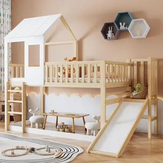 Merax Hochbett 90x200cm, Hausbett Etagenbett für Kinder mit Leiter und Rutsche, Kinderbett mit Rausfallschutz und Lattenrost, Spielbett mit Dach und Fenster, Rahmen aus Kiefer, Jugendbett, Natur&Weiß