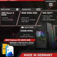 SYSTEMTREFF Gaming Komplett Set - Ryzen 5 5500 - AMD RX 6600 8GB - 16GB DDR4 - 512GB M.2 NVMe + - 27 Zoll TFT - Windows 11 Pro - Desktop PC
