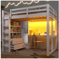 Flieks Hochbett Kinderbett 140x200cm mit 2 Schubladen, Schreibtisch, LED und Aufladen weiß
