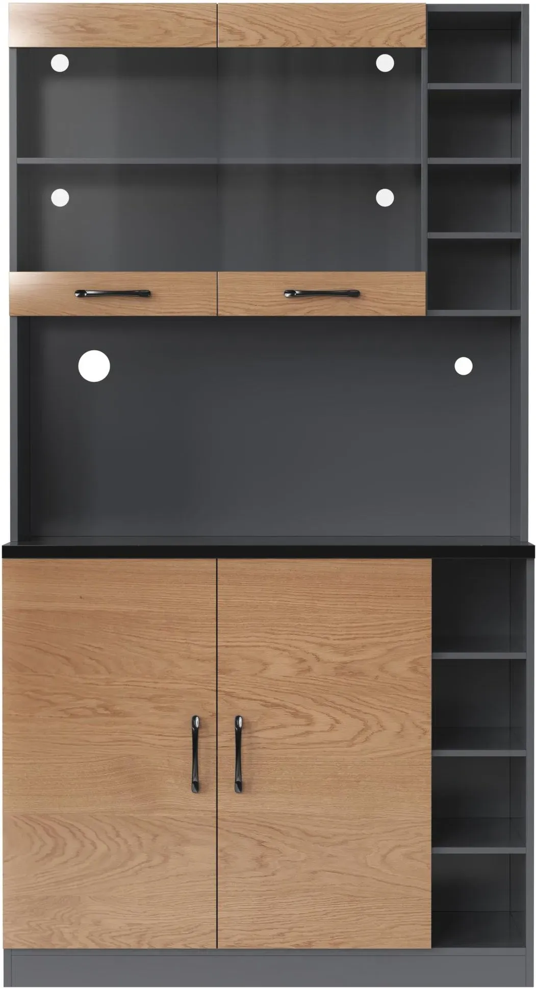 Küchen-Highboard, verstärktem Glasfach und LED-Ambiente-Beleuchtung, höhenverstellbare seitliche Ablagefächer100x47x187 cm, Naturfarbe