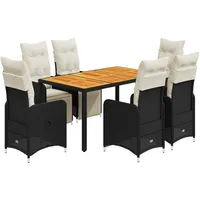 vidaXL 7-tlg. Garten-Bistro-Set mit Kissen Schwarz Poly Rattan