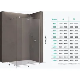 doporro Bremen02K Walk-In-Dusche 50 x 200 cm ESG-Sicherheitsglas Klarglas