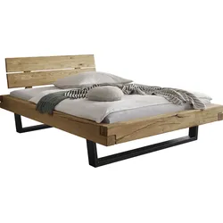 Massivholzbett HOME AFFAIRE "Ultima", braun (eiche), B:158cm H:88cm L:228cm, Betten, aus Holz in Balken-Optik mit Metallkufe