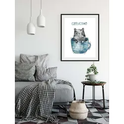 queence Bild »Cattucino«, Katze-Humor-Schriftzug-Kaffee-Kaffee Bilder, (1 St.), HD Premium Poster-Druck inkl. Holzrahmen queence Farbe Rahmen: schwarz + Farbe Bild(er): blau/grau