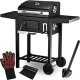 deluxe4home Holzkohlegrill mit Deckel Grillwagen 2 Ablagen Thermometer