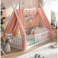 ALAVYA HOME Hausbett Bodenbett SKY - mit Deko Rosa, Dach 2 und Matratze 90 x 200 cm