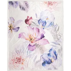 Plaid DESCANSO "Cean", beige (sand, natur), B:130cm L:160cm, Mircofaser, Wohndecken, Sehr Weich, Kuscheldecke, 130x160 cm, Wendeoptik, Blumen, Natur, Sand