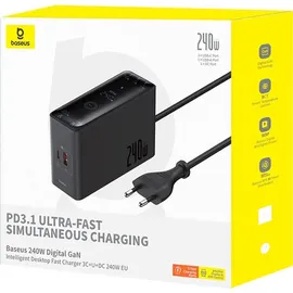 Baseus GaN 3x USB-C USB DC, 240W Smart-Desktop-Schnellladegerät – Schwarz