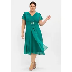 Abendkleid SHEEGO "Große Größen", Damen, Gr. 56, Normalgrößen, grün (opalgrün), Obermaterial: 100% Polyester;Futter: 100% Polyester, unifarben, elegant, figurbetont wadenlang, V-Ausschnitt, Kurzarm, Kleider Abendkleid Partykleid, mit Alloverdruck