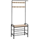 Tectake tectake® Garderobenständer, Industrial Style, mit Sitzfläche, 2 Gitterablagen und 9 abnehmbaren Haken, inklusive Kippschutz, 73,5 x 36 x 184 cm