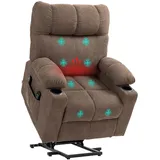 HOMCOM Fernsehsessel mit Aufstehhilfe Elektrisch Relaxsessel mit Liegefunktion, Wärmefunktion, Massagesessel mit Fernbedienung Becherhalter Seitentasche Fußteil Taschenfederkern Samtoptik Braun