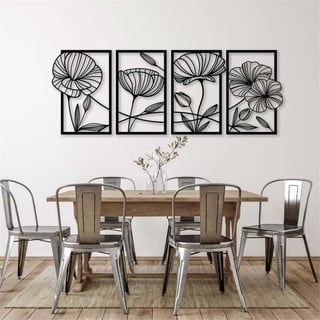 XQKXHZ 4 Stück Minimalistische Metall Blumen Wandkunst Natur Floral Wandskulptur Moderne Abstrakte Wanddeko Metall Schwarz Wandschmuck Für Wohnzimmer Küche Schlafzimmer