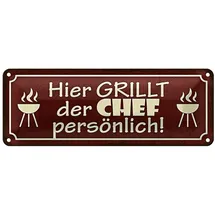 Roomando Blechschild 27x10cm gewölbt Hier grillt der Chef persönlich Grill grillen Sprüche Deko Geschenk Schild