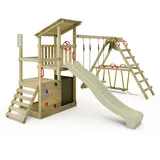 FATMOOSE Spielturm Klettergerüst FruityForest mit SurfSwing & Rutsche, Kletterturm mit Sandkasten, Leiter & Spiel-Zubehör – Salbeigrün