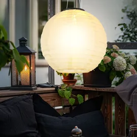 GLOBO Solarlampe Lampion Außenleuchte LED Hängelampe Gartenleuchte sandfarben Außenlampe Pendelleuchte, Edelstahl Kunststoff, warmweiß, DxH 30x 55 cm, 2er