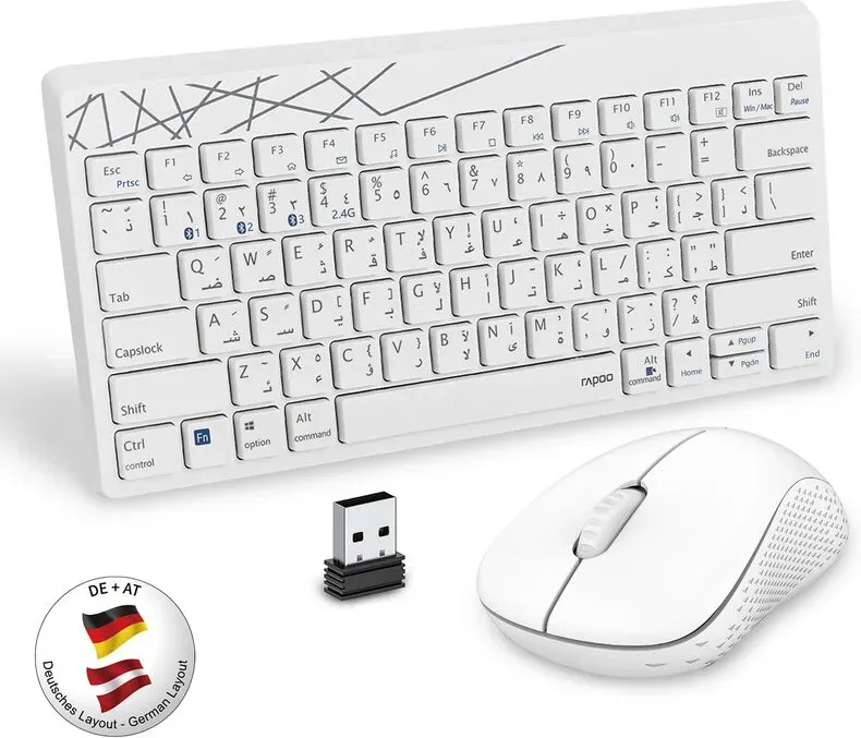 Rapoo 8000M Kompaktes kabelloses Multimode-Bluetooth-Tastatur- und Maus-Set, kabellos, Multimode, kabellos, USB, 2,4 GHz, Bluetooth, Multimedia-Tasten, 1300 DPI, 3-Geräte-Tastatur- und Maus-Kombination – Weiß – DE-Layout