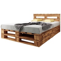 sunnypillow Palettenbett M2 aus Holz mit Kopfteil und 2 Bettkästen, 200 x 200 cm + Schubladen Geflammt braun