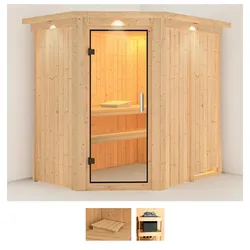 Sauna KARIBU "Clara", beige (naturbelassen), ohne Ofen, (ohne Ofen), Saunen, ohne Ofen