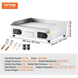 Vevor Kommerzieller elektrischer Grill, 4000 W, flache Grillplatte für die Arbeitsplatte, einstellbare Temperatur von 122 °f bis 572 °f, 25,98 x