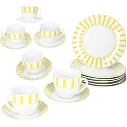18tlg Kaffeeservice Split gelb Porzellan 6 Pers Tasse Untertasse Teller Streifen
