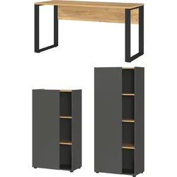 Büromöbel-Set GERMANIA "Adrano", navarra, eiche, nachbildung, schwarz, B:302cm H:145cm T:90cm, Arbeitsmöbel-Sets, Tür schließt nur 2/3 des Schranks