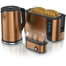 Arendo 3-teiliges Frühstücks-Set, 4 Scheiben Langschlitztoaster, Wasserkocher 1,5l, 3er Eierkocher, Kupfer