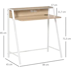 Homcom Schreibtisch mit Ablagefach Kabeldurchlass Metall Weiß Eiche 84 x 45 x 85 cm