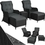 tectake® 2X Premium Rattan Sessel mit Hocker und Tisch, Relaxsessel für Garten, Terrasse und Balkon, Lounge Gartenmöbel Set wetterfest, Gartenstühle, Lesesessel und Sonnenliege - schwarz/grau