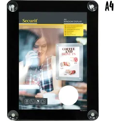 Securit® Fenster‐Posterrahmen A4 – Beidseitig – UV‐Resistent – 4 Saugnäpfe – Schwarzer Kunststoff