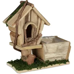 Relaxdays Holz Pflanzgefäß, mit Deko Vogelhaus, Rinde & Moos, eckiger Übertopf, Fensterbank, innen & außen, natur/grün
