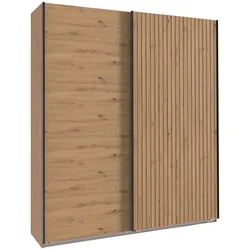 Schwebetürenschrank WIMEX "Andorra by fresh to go", braun (artisan eiche nachbildung, akustikpaneel optik artisan eiche nachbildung), B:200cm H:216cm T:65cm, Spanplatte, Schränke, Mit 3D-Leisten für Akustikpaneel-Optik