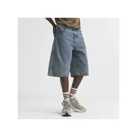 adidas Adicolor Denim-Jorts Mid-Rise Straight Leg Worn Blue Denim 34